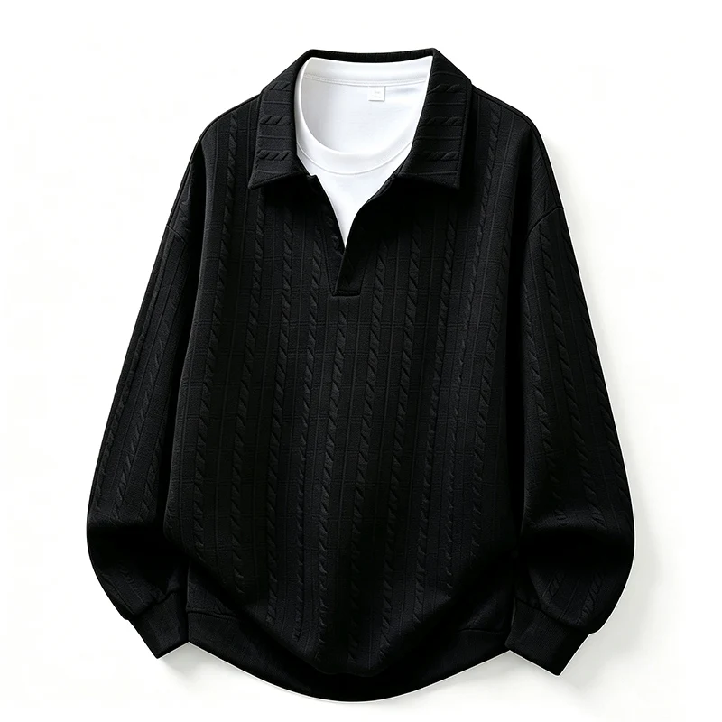 Übergrößen Herren Sweatshirt Schwarz, Zweiteiliges Design, Langarm Poloshirt, 5XL 6XL 7XL, 100-180kg, Große Größen Kleidung – Detail 3