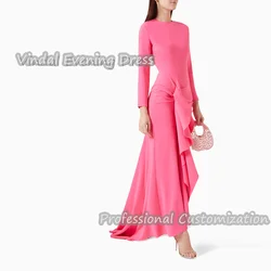 Vindal Mermaid Floor-Length Evening Dress Elegant Crepe Ruffle Long Sleeves Sexy Built-in Bra O-Neck Prom Skirt  For Woman 2024