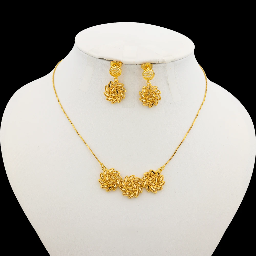 Gold Color Jewelry Sets Cute Necklace Earrings Flower Leaf Star Pendant Exquisite Link Chain Ear Stud Romantic Lover Gift Party