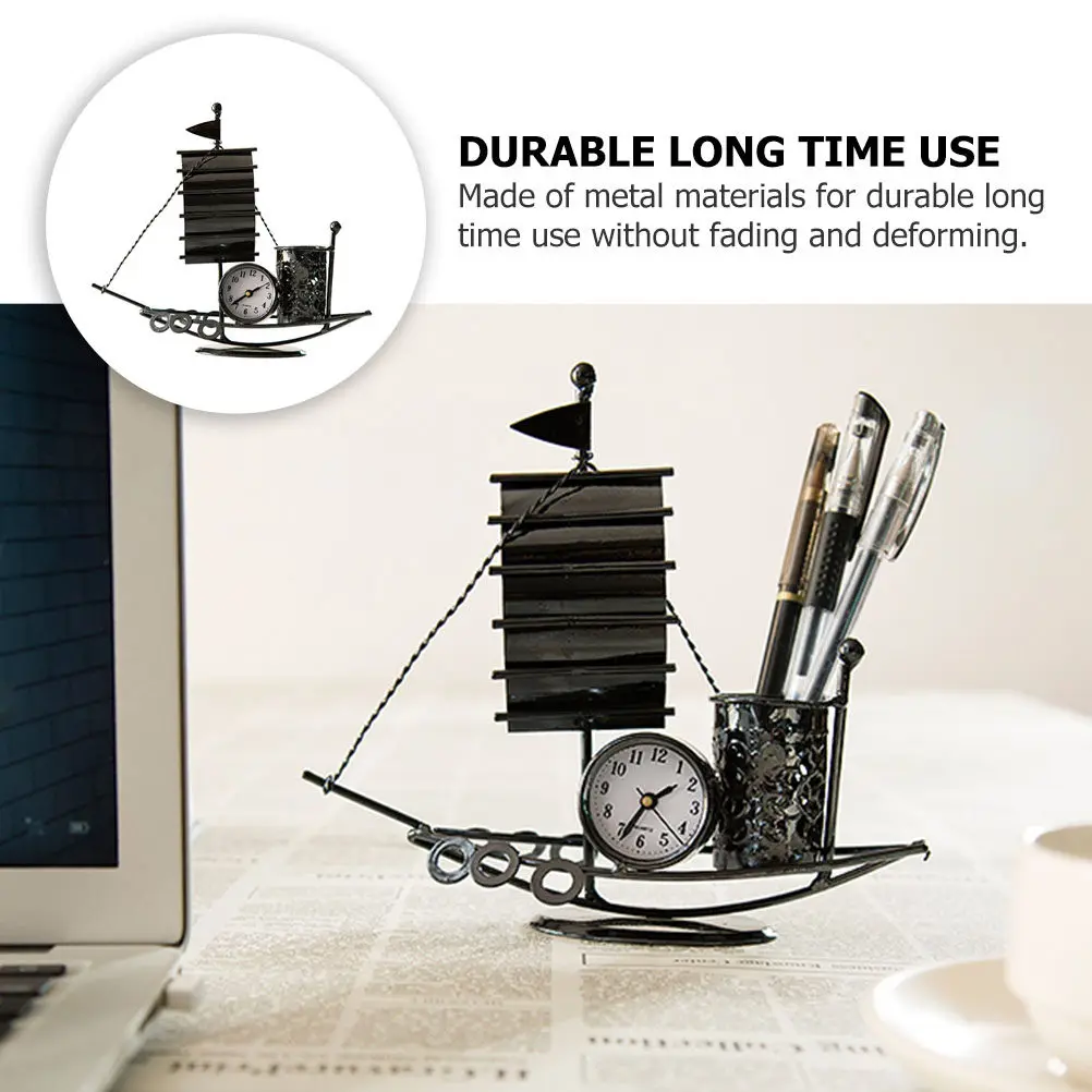 Iron Art Sailboat Desktop Organizer Pen Holder Table Clock Stationery Storage Stand Office Desk Decoration Home Decor Retro