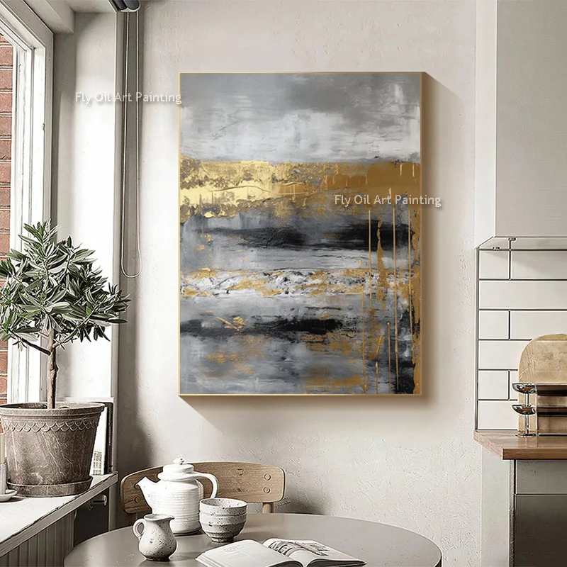 رمادي وذهبي أصفر مجردة قماش جدار الفن رسمت باليد تصميم الأزياء لوحة زيتية بنية بسيطة لديكور قاعة الغرفة