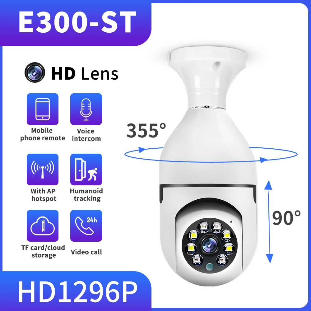 E300-ST Bulb Surveillance Camera Indoor 4X Digital Zoom AI Human Detect Full Color Night Vision Wireless Cameras Smart Home