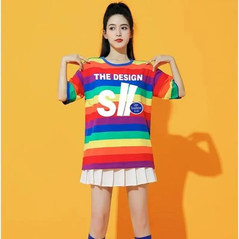 Rainbow Stripe T-shirts Women Jazz Dance Performance Clothes Summer Trend Short Sleeve Tshirt Cheerleading Performance Costume