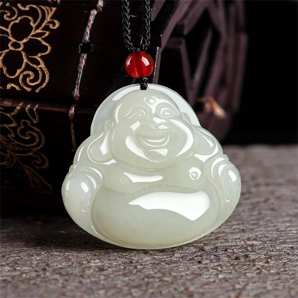 

Vintage Natural White HeTian Jade Carved Classic Laughing Buddha Lucky Pendant Amulet Necklace Certificate Luxury Jade Jewelry