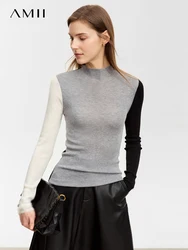 Amii Minimalistische 2023 Winter Nieuwe Truien Voor Vrouwen Eenvoudige Mock Hals Lange Mouw Gesplitste Vrouwelijke Kantoordame Pullovers 12324061