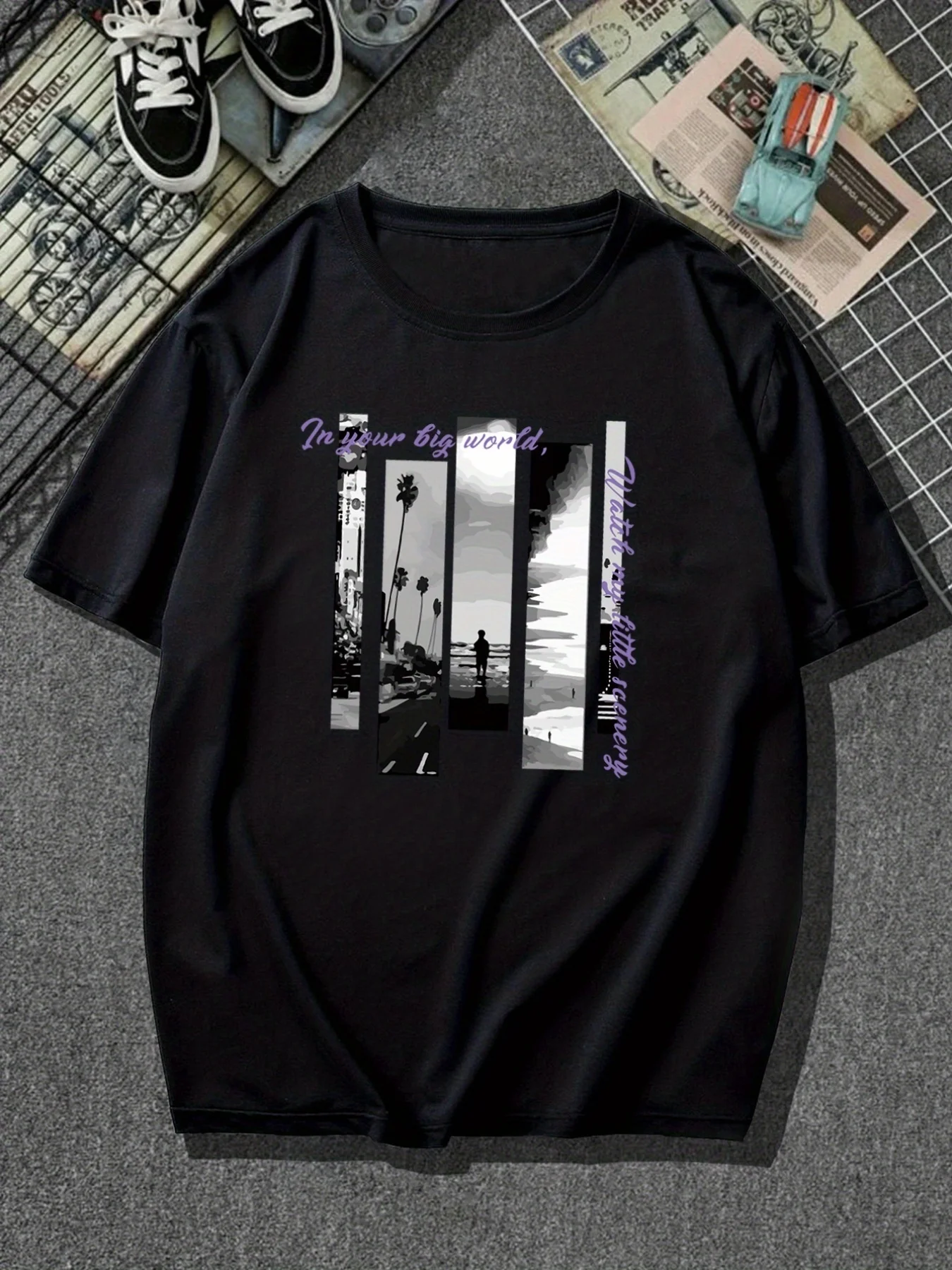 올 시즌 캐주얼 남성 크루넥 티셔츠 - 생기 넘치는 비치 프린트, 편안한 스트레치 원단, 관리 용이