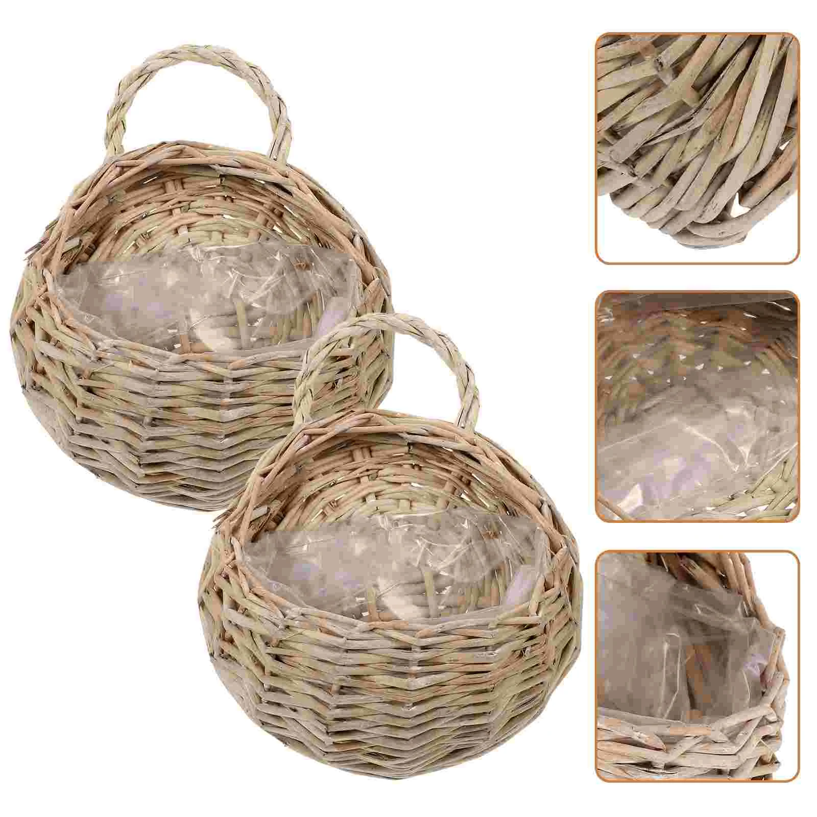 2 Pcs Wall Hanging Rattan Flower Basket Fruit Vegetable Pots Bathroom Storage Decorative Organizer Woven Wicker