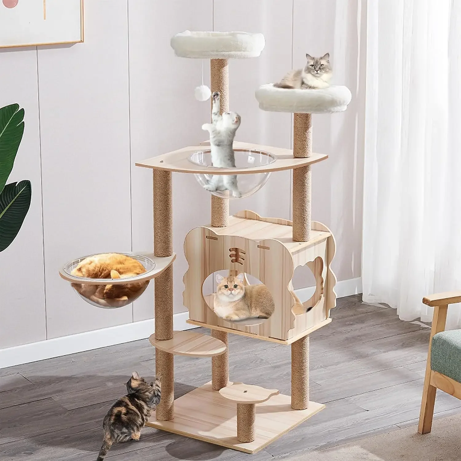 

Modern Cat Tree For Large Cat,Wood Cat Tower Heavy Duty With Scratch Post For Indoor Big Cats, 53.9" Extra Tall Cat Condo Sturdy