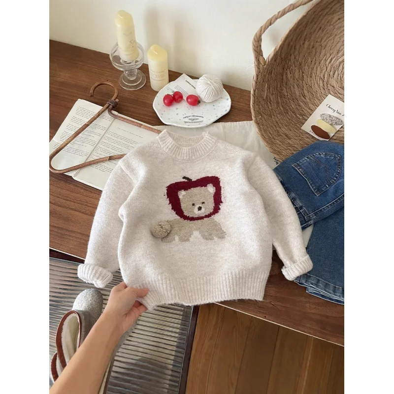 

Children's Cashmere Sweater Autumn Clothing2024New Girls' Western Style Cute Cartoon Embroidered Sweater Khaki Top