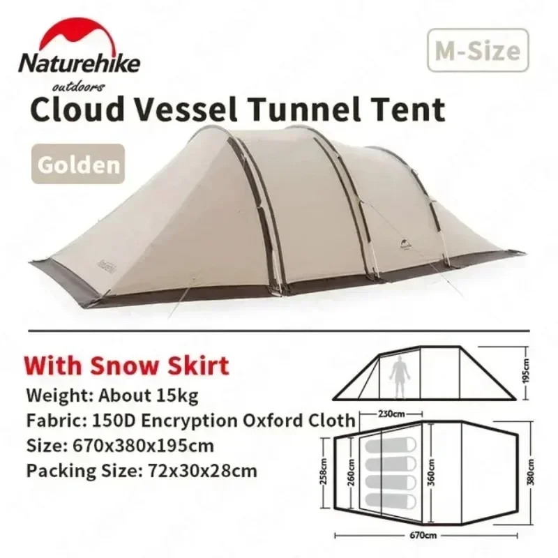 Naturehike 4-6 Persons Tunnel Tent Camping Large Space Portable 150D Oxford Cloth With Snow Skirt Hall Outdoor Picnic Shelter