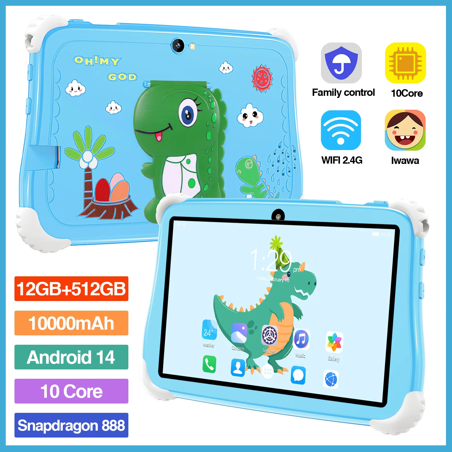 

Kids Android Tablet 7inch 12GB RAM 512GB ROM 5G WiFi snapdragon 888 16MP+32 MP Shockproof Case Children's Enlightenment Toy Gift