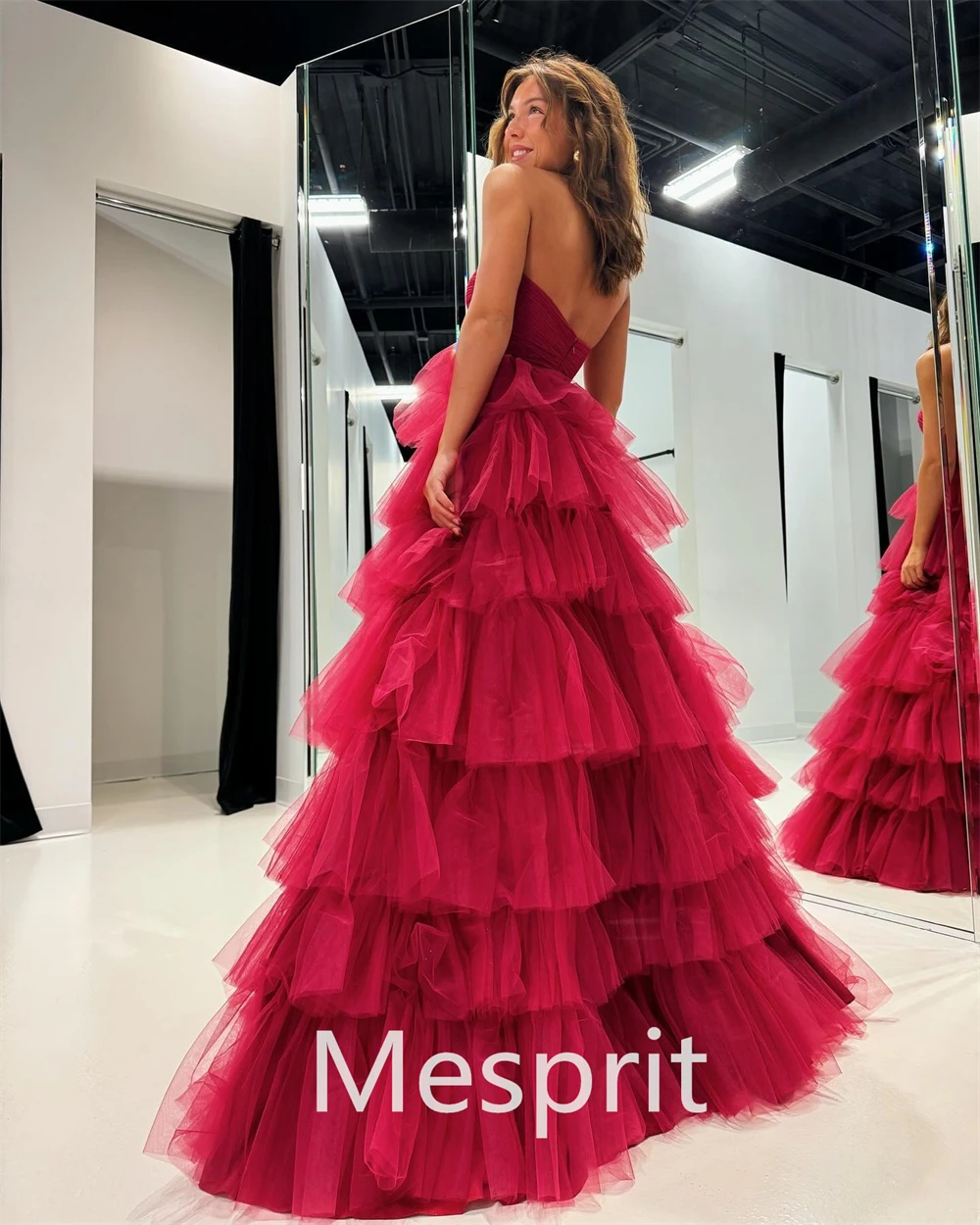 Mesprit Simple High Quality Strapless A-line Evening Dresses Layered Floor Length Draped Organza Custom Dress