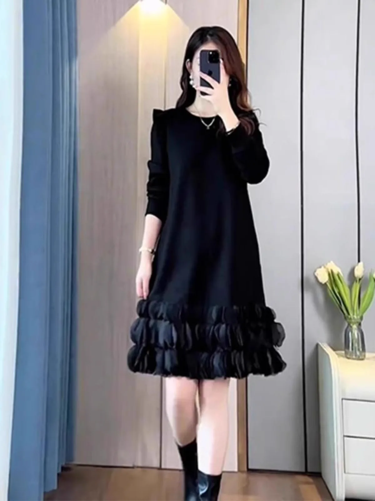 

plus Size Bla Dr Long Sve Lace Hem Hide Meat Dr Spring Autumn Hepburn Sle Casual A-Line Cotton Blend Skirt