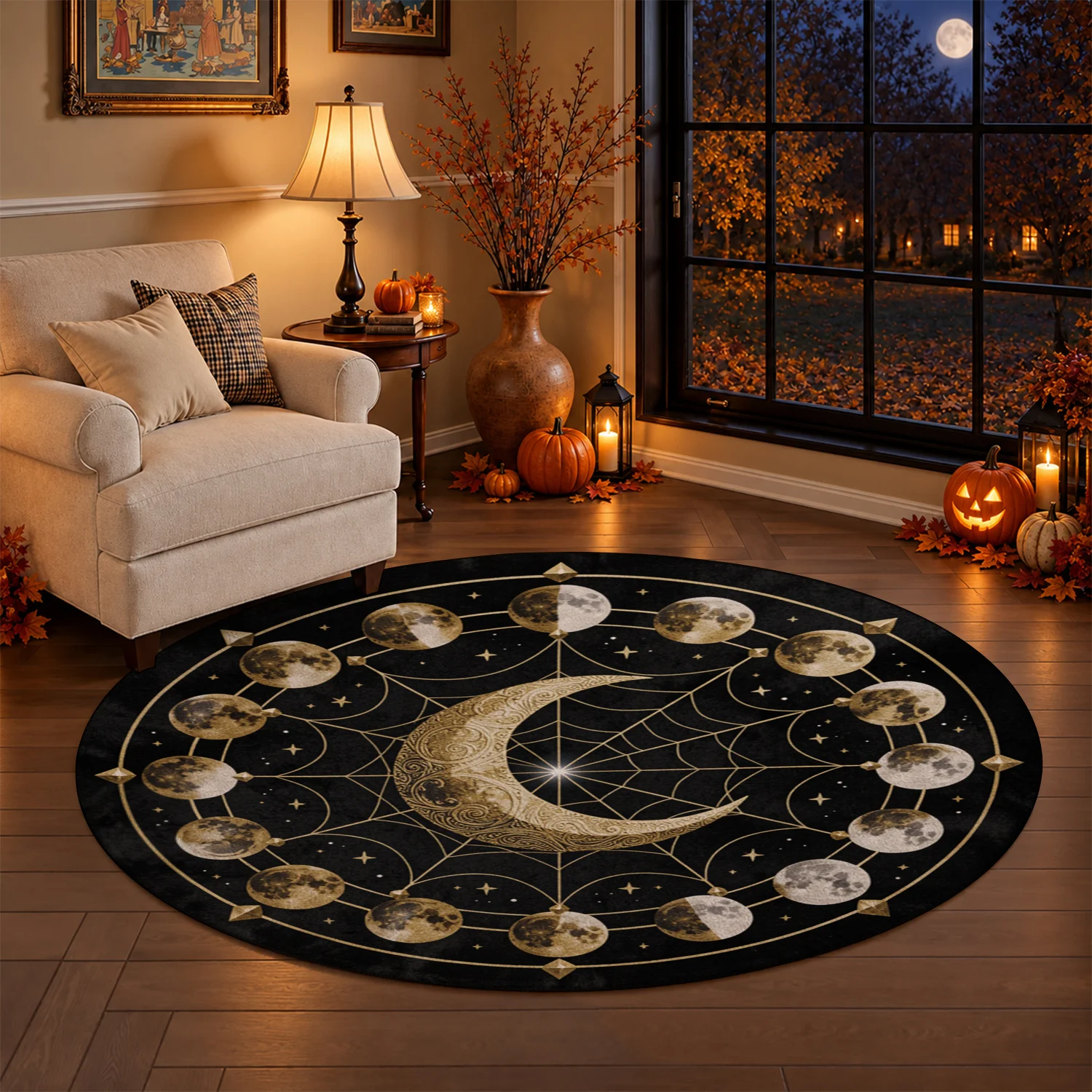 Celestial Moon Phase Golden Crescent Velvet Area Rug, Machine Washable, Suitable for Living Room, Bedroom, Home Office, Entryway, Perfect for Halloween, Thanksgiving, Christmas, New Year, Black Friday Home Decor