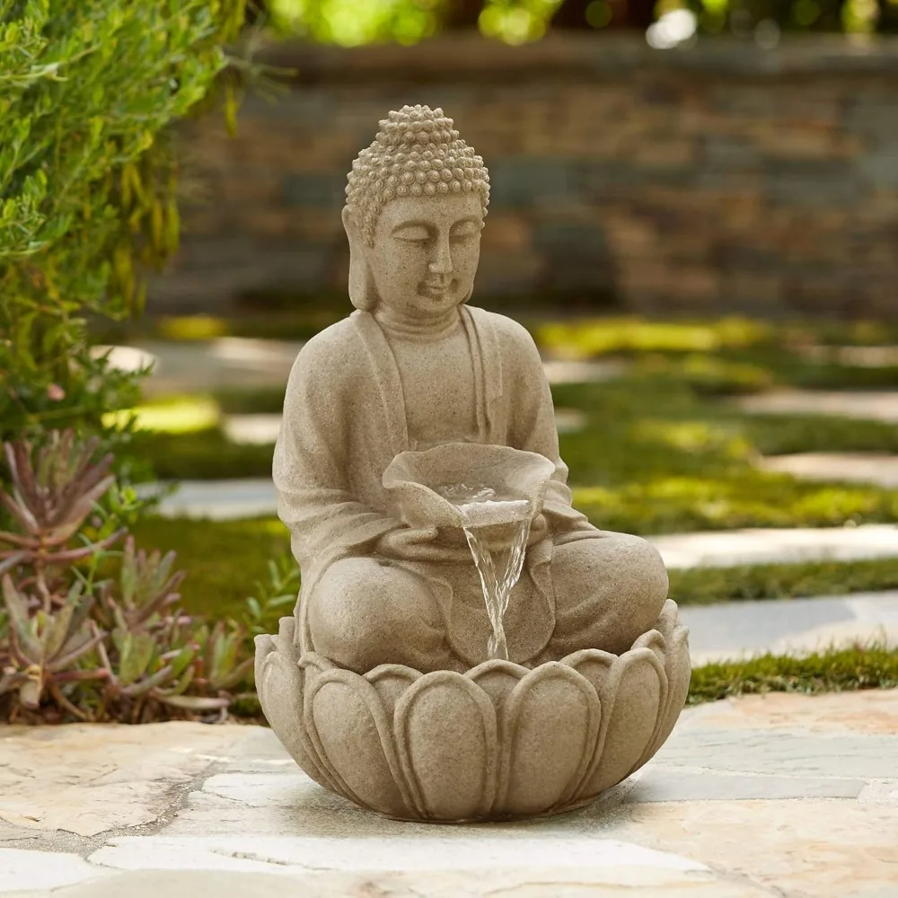 

Sitting Buddha Zen Outdoor Water Fountain with Light LED 22" High Faux Sandstone Meditation Decor for Garden Patio Yard Home