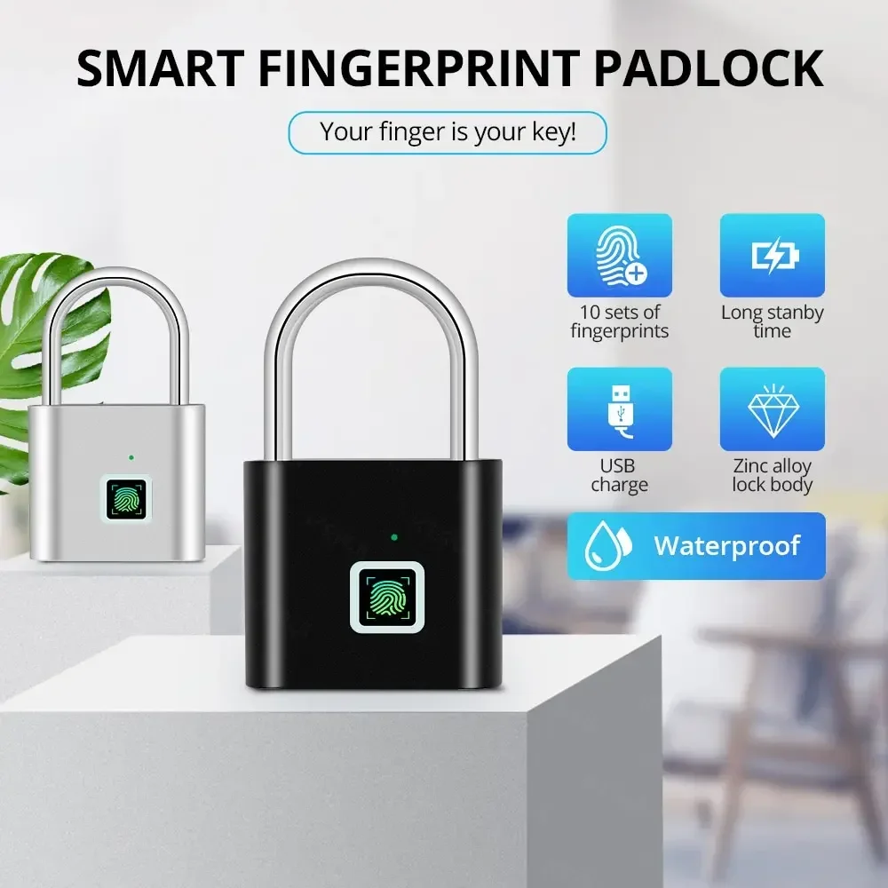 Imagem -05 - Keyless Usb Carregamento Fingerprint Cadeado Inteligente Bloqueio da Porta à Prova Dágua Cadeado Anti-roubo Portátil Desbloqueio de Zinco