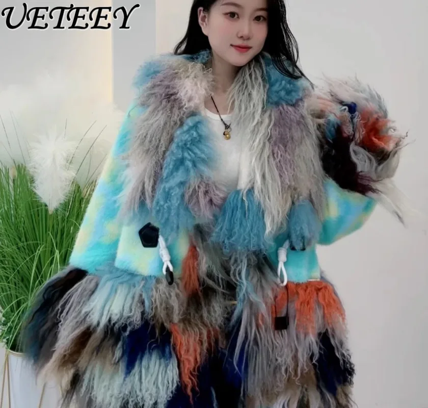 2023 Winter Neue Farbverlauf Faux Pelzmantel Vielseitig Unregelmäßige Blumen Mode Pelz Kragen Stilvolle Mid-länge Jacke für Frauen