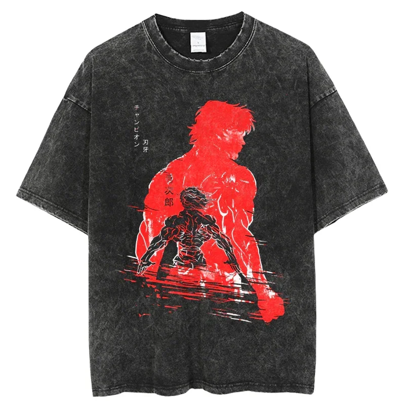 The Grappler Baki Hanma Yujirō T Shirts Martial Arts Anime Tops O-neck Cotton Washed Tees Casual Short Sleeves Streetwear