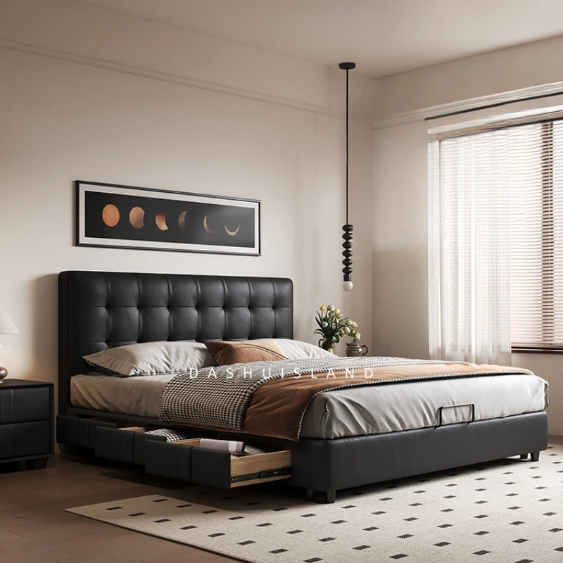 

French Retro Storage Waffle Bed Master Bedroom Leather Bed Italian Light Luxury Black Medieval Bed Cama Furniture Home