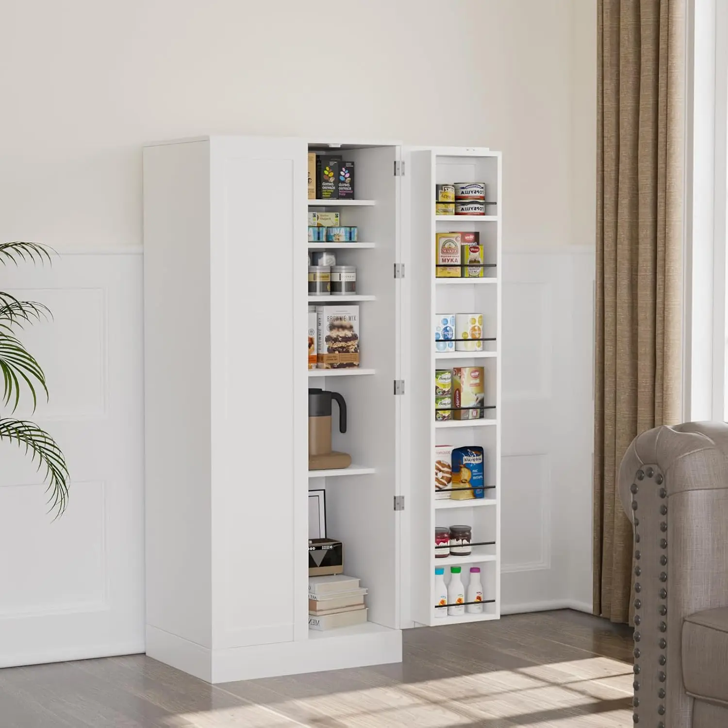 Armoire de Rangement de Cuisine Blanche de 59 Pouces de Haut, Garde-Manger avec 2 Portes et Étagères Réglables, Planche Chi de Stockage des citrouille pour Salle à Manger