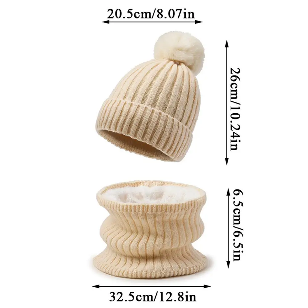 2Pcs Knitting Wool Scarf Hats Solid Color Two-Piece Plush Big Pompom Beanie Cap Neck Scarf Thicken Knit Fleece-lined Beanies