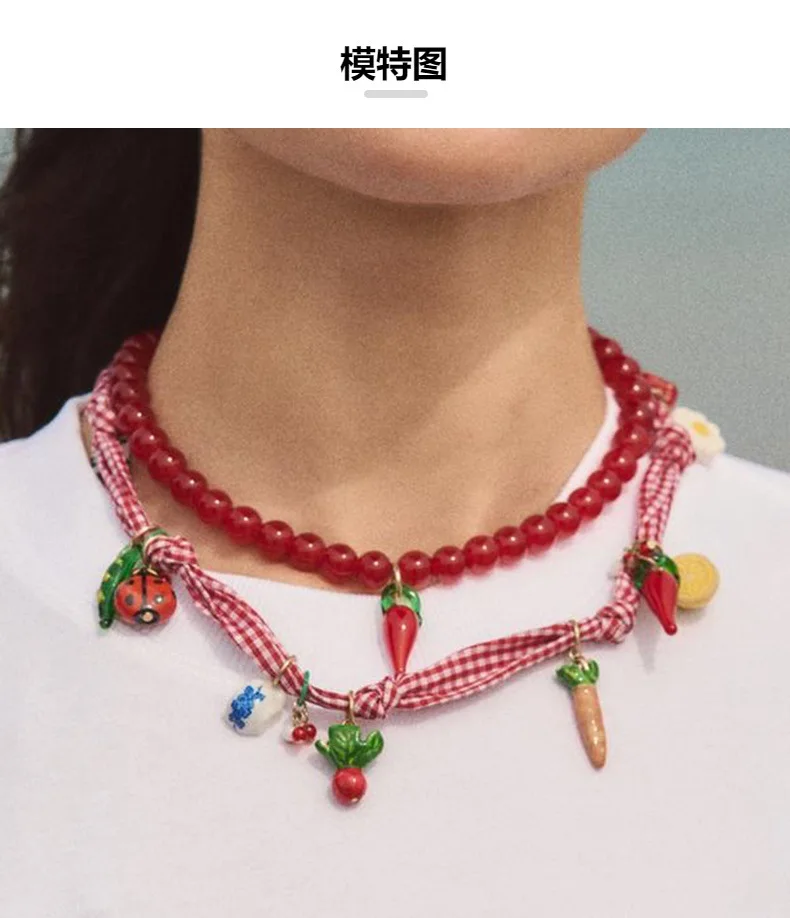 Creative Fabric Beaded Capsicum Annuum Necklace ZA Dopamine Layered Vegetable Multi-Pendant Collarbone Chain