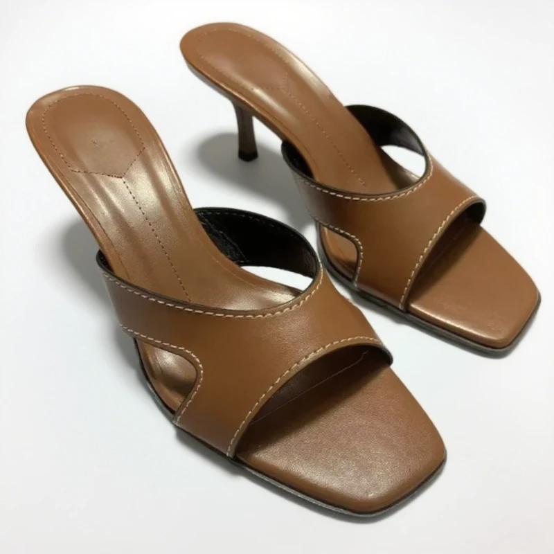 

Elegant Brown Square Toe High Heels Ladies Mules Sandals 2025 Summer Designer Brand Sexy Women Shoes Fashion Sewing Stiletto