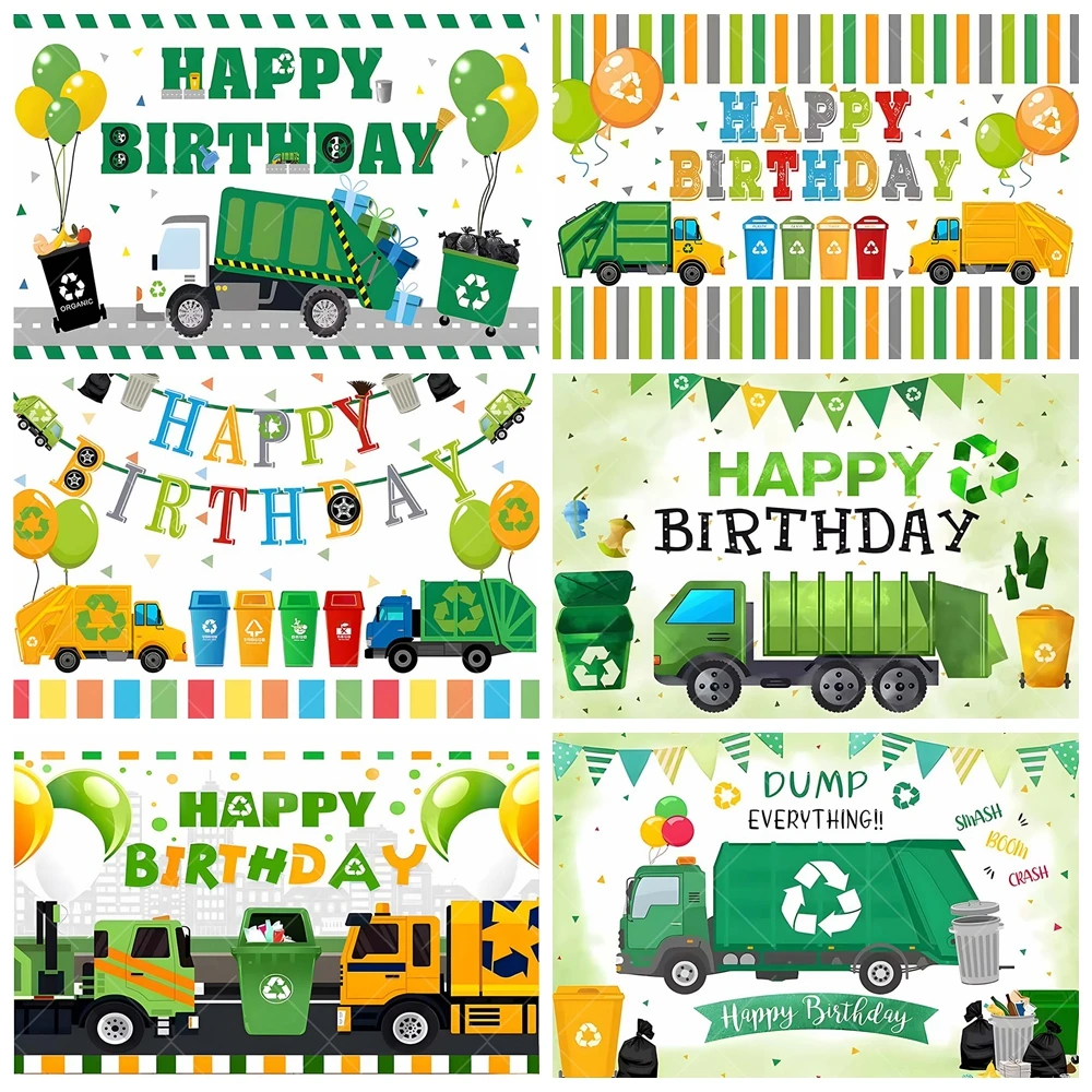 Garbage Truck Green Theme Happy Birthday Backdrop Custom Waste Management Recycling Kids Birthday Party Decor Banner Background