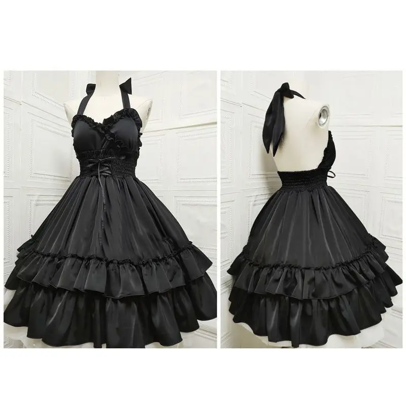 Girls 2024 Summer Classic Elegant Lolita Vintage Japanese Soft Girl Ruffles Drawstring Waistband Fashion Solid Color Drop Dress
