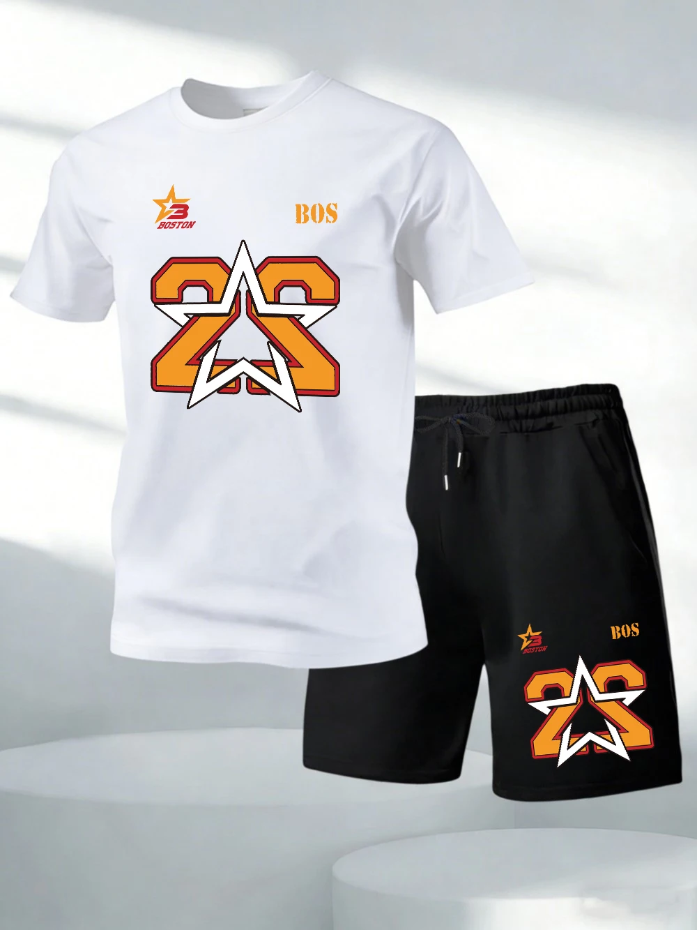 

Two Pieces Set Bosotn Number 22 Star Printed Cotton T-Shirts Pants Mens Oversized Soft O-Neck Tops High Waisted Pocket Shorts