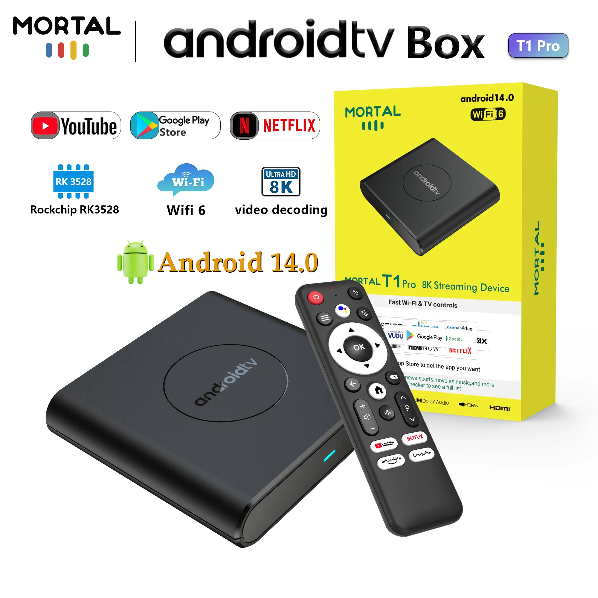 

Mortal T1 Pro Android14 Smart TV Box Rockchip 3528 Wifi6 4GB 128GB 8K HDR10 BT5.0 Chromecast High Definition Set Top Box Player