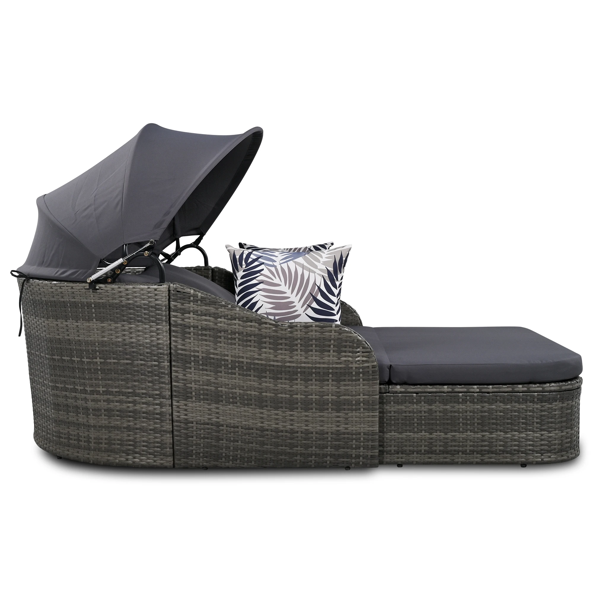 Espreguiçadeira ao ar livre com dossel ajustável, vime cinza e almofada, PE Rattan Daybed, Double Lounge, 79,9"