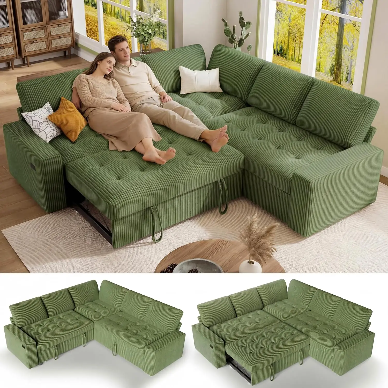 Pull Out Sectional Sleeper Sofa with Reclining Backrest & Storage, Corduroy Modular Couch with USB Charging