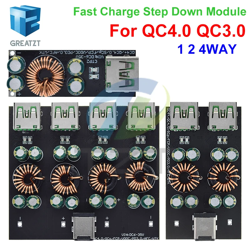 Adaptador de Carregamento Rápido USB Tipo-C GREATZT QC4.0 QC3.0 1 2 4 Saídas para Celular, Módulo Buck Boost de 6-35V
