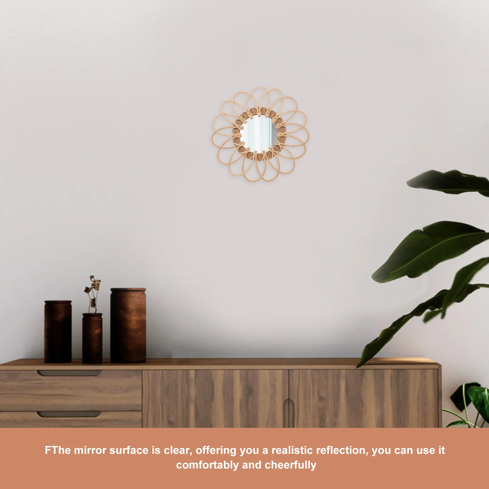 مرآة زخرفية من الخيزران بوهو جدار الغرور المنسوجة معلقة الحمام مرآة كبيرة للمنزل عنبر واضح انعكاس عملي