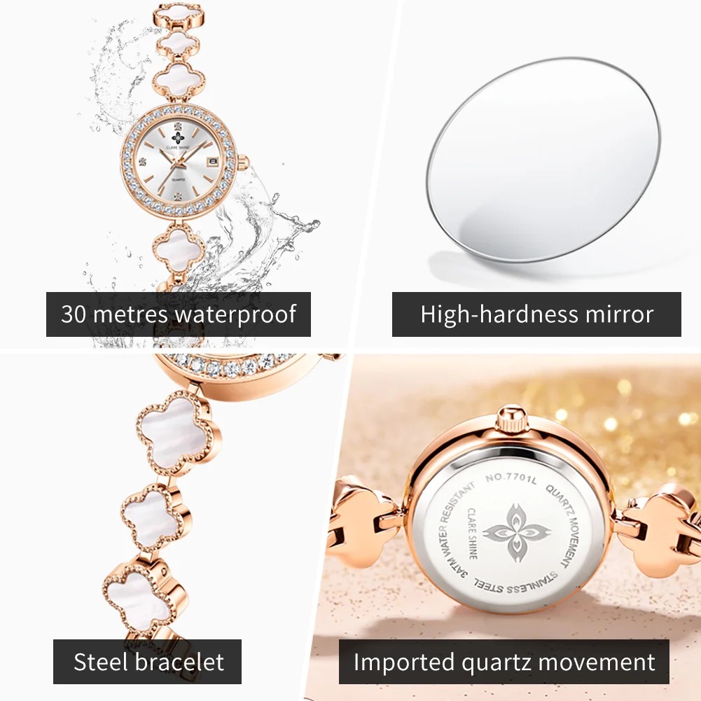 CLARE SHINE 7701 Lucky series small lucky four-leaf clover quartz women's watch with diamond bezel imported movement view 5