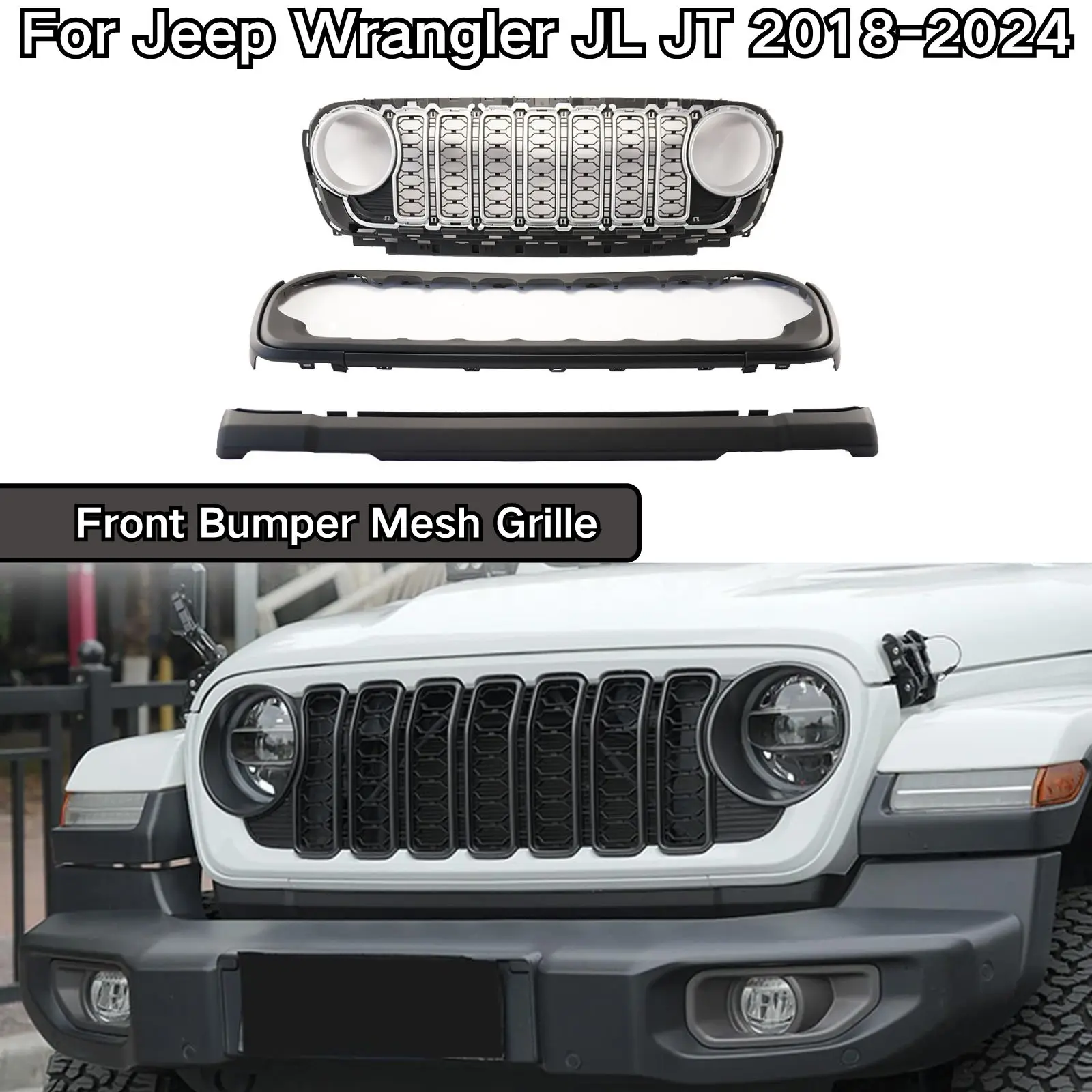 Car Front Bumper Mesh Grille For Jeep Wrangler JL JT 2018 2019 2020-2024 Without Camera Hole Cars Accessories Chrome Silver