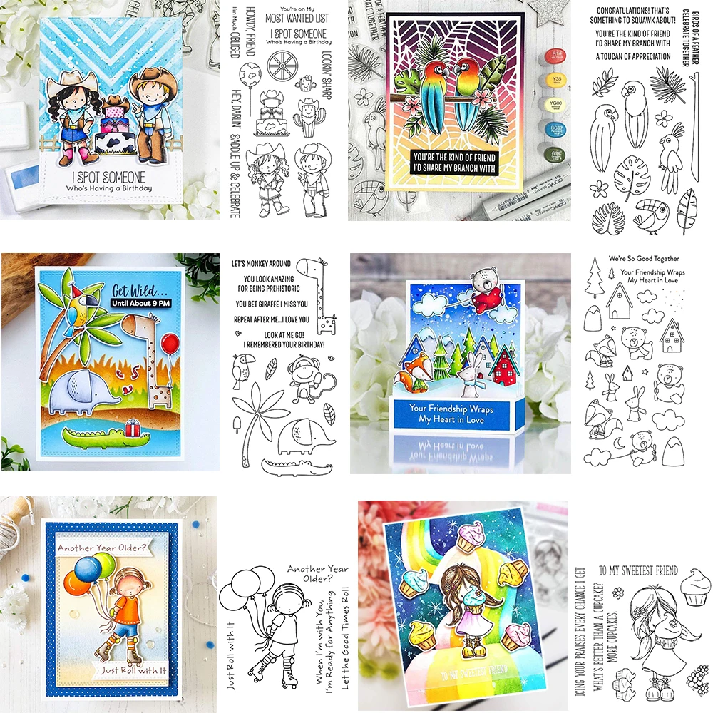 Sattel auf feiern Cartoon Jungen und Mädchen Briefmarken und Schneidwerk zeuge Sommer Safari Stempel für DIY Scrap booking Karte Handwerk machen