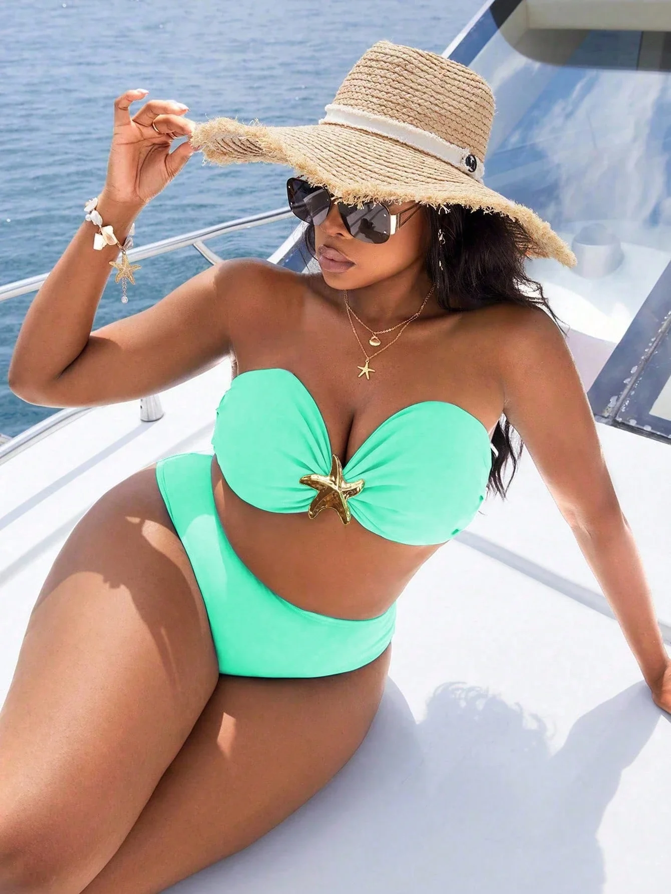

Mint Green Solid Strapless High Waist Two Piece Swimsuit For Women Beach Vacation
