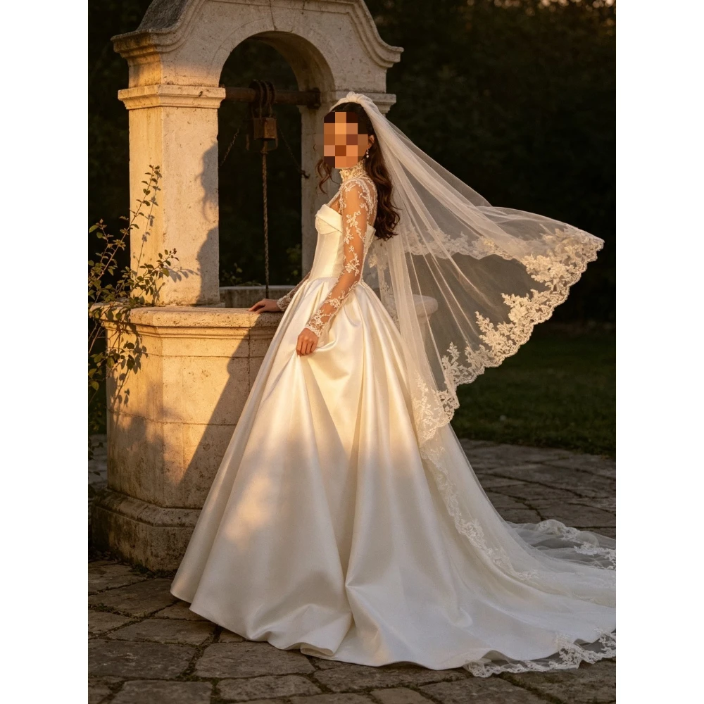 Customized Elegant Lace Long Sleeved Off Shoulder Satin Wedding Dress 2026 Luxurious Waist Cinching Fluffy Princess Bridal Gown