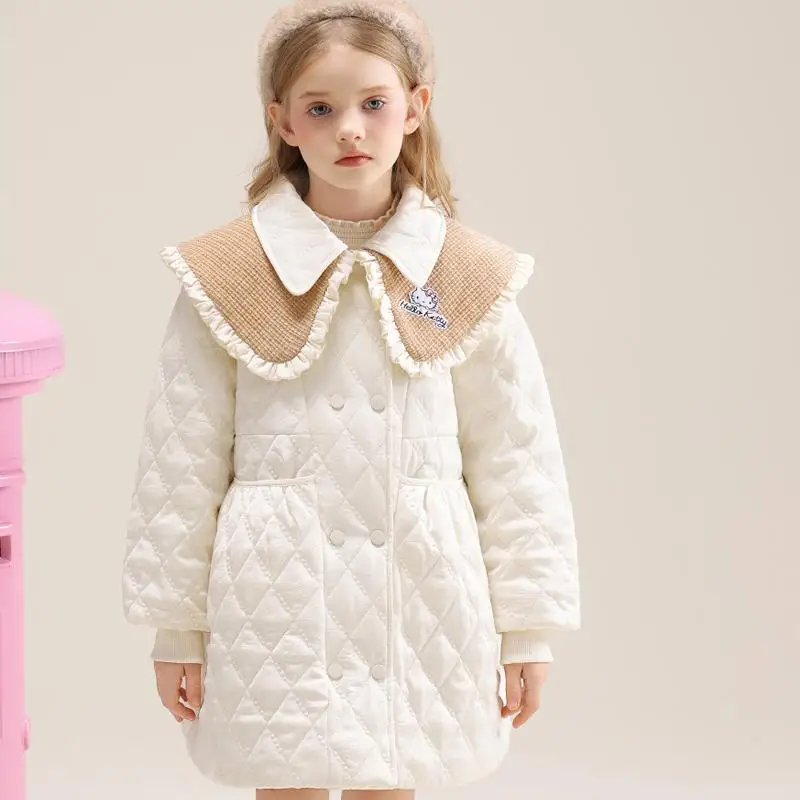 

Sanrio Hello Kitty, зимнее пальто с хлопковой подкладкой для девочек, утепленные длинные стильные топы, кавайная модная новая популярная детская одежда