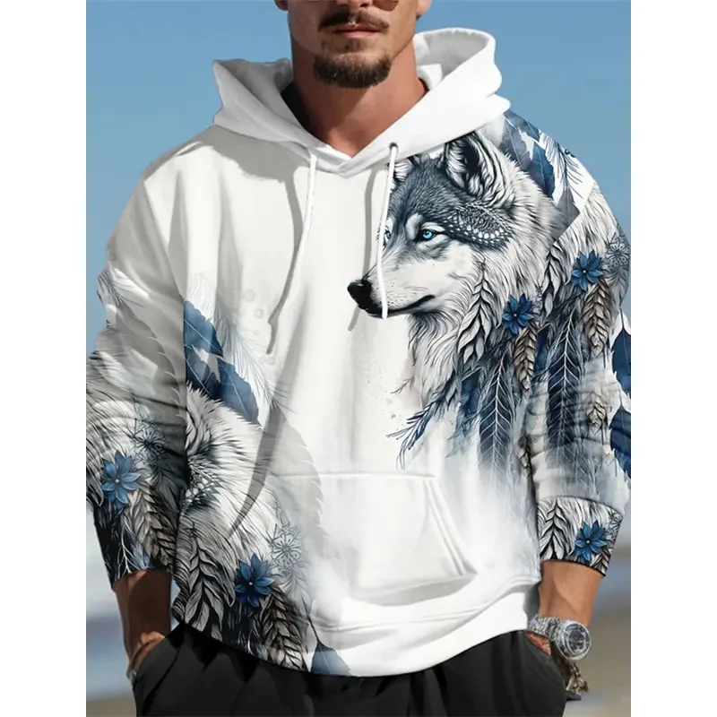 Men Sport Hip Hop Hoodie Native 3D Wolf Print Streetwear Oversized Hooded Sweatshirt Casual Long Sleeve Pullover Hoodies
