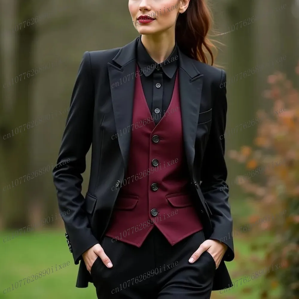 

Новые черные и бордовые женские костюмы, женские деловые офисные смокинги для мамы, свадебной вечеринки, формальный женский комплект из трех предметов, куртка, жилет, брюки