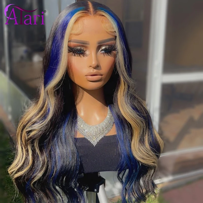 

Transparent 5x5 Lace Closure Wig Highlight Body Wave Human Hair Wigs Blue with Blonde 13x4 Lace Frontal Wig Preplucked for Women