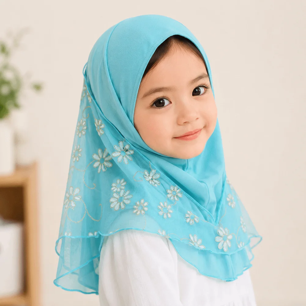 Can Fit Flower Net Small Girl Hijab Elastic Solid Pull On Instant Headscarf Cotton Mesh Kids Turban Cap 2-6 Years Old