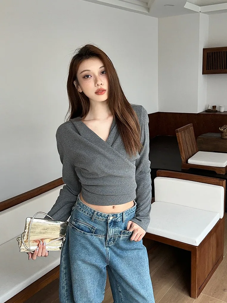 Koreaans ontwerp Cross Hood Long Sve Sweatshirt Dames Faion Sweet Cool Sle Winter Nieuwe collectie Slim Fit ort Top