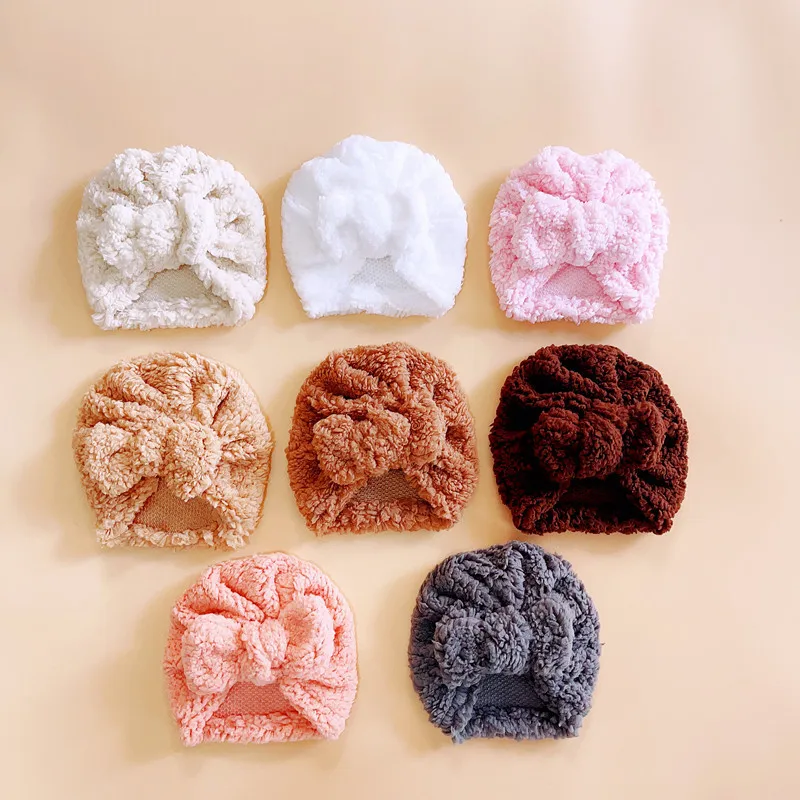 Autumn and winter warm baby cap headwear new children\'s lamb\'s wool big bow set of head cap baby accessories newborn