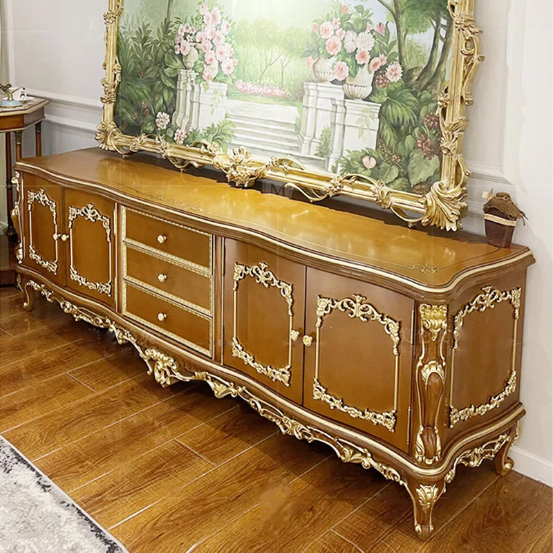 French Neoclassical TV Cabinet Villa Mansion European Birch Carving Painted Extended TV Cabinet Floor Cabinet Furniture