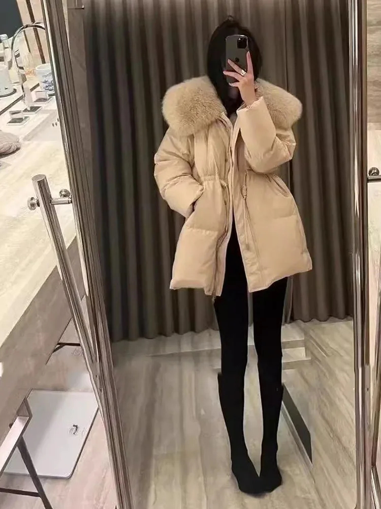 Echte natuurlijke vossenbontkraag donsjack damesmode witte ganzendons jas winter dikke donsjack warme bontjas