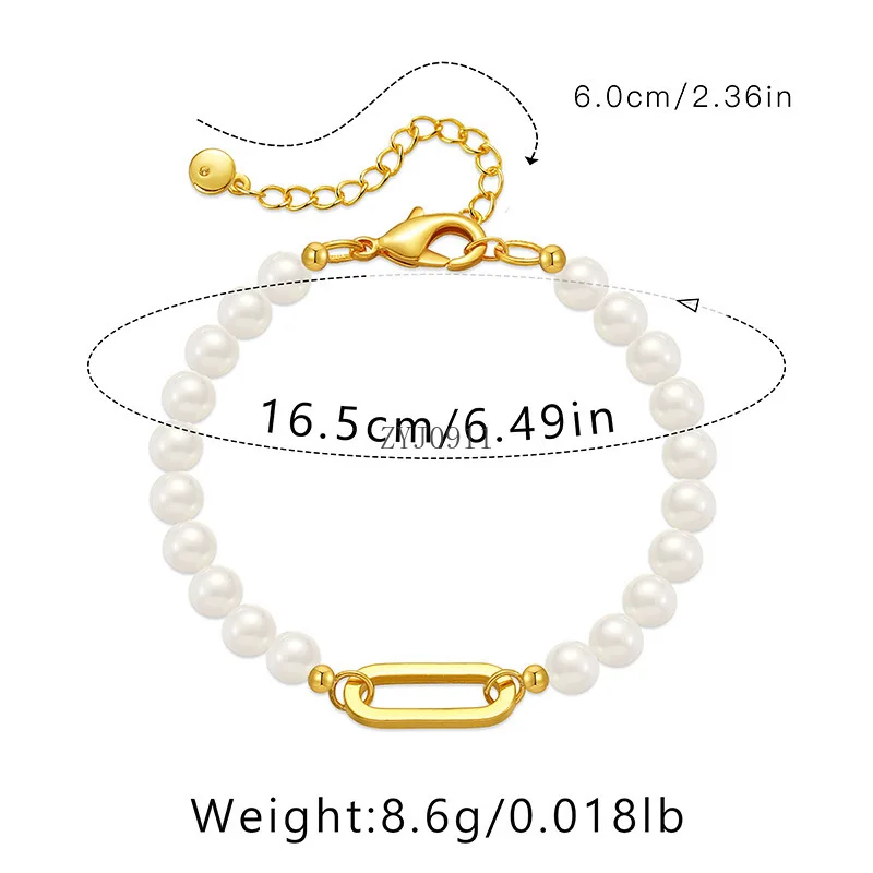 *White Round Pearl Women Bracelet 18k Gold Plated Paper Clip Chain Fashion Wedding Party Jewelry Gift Day Wear Hand Accessories